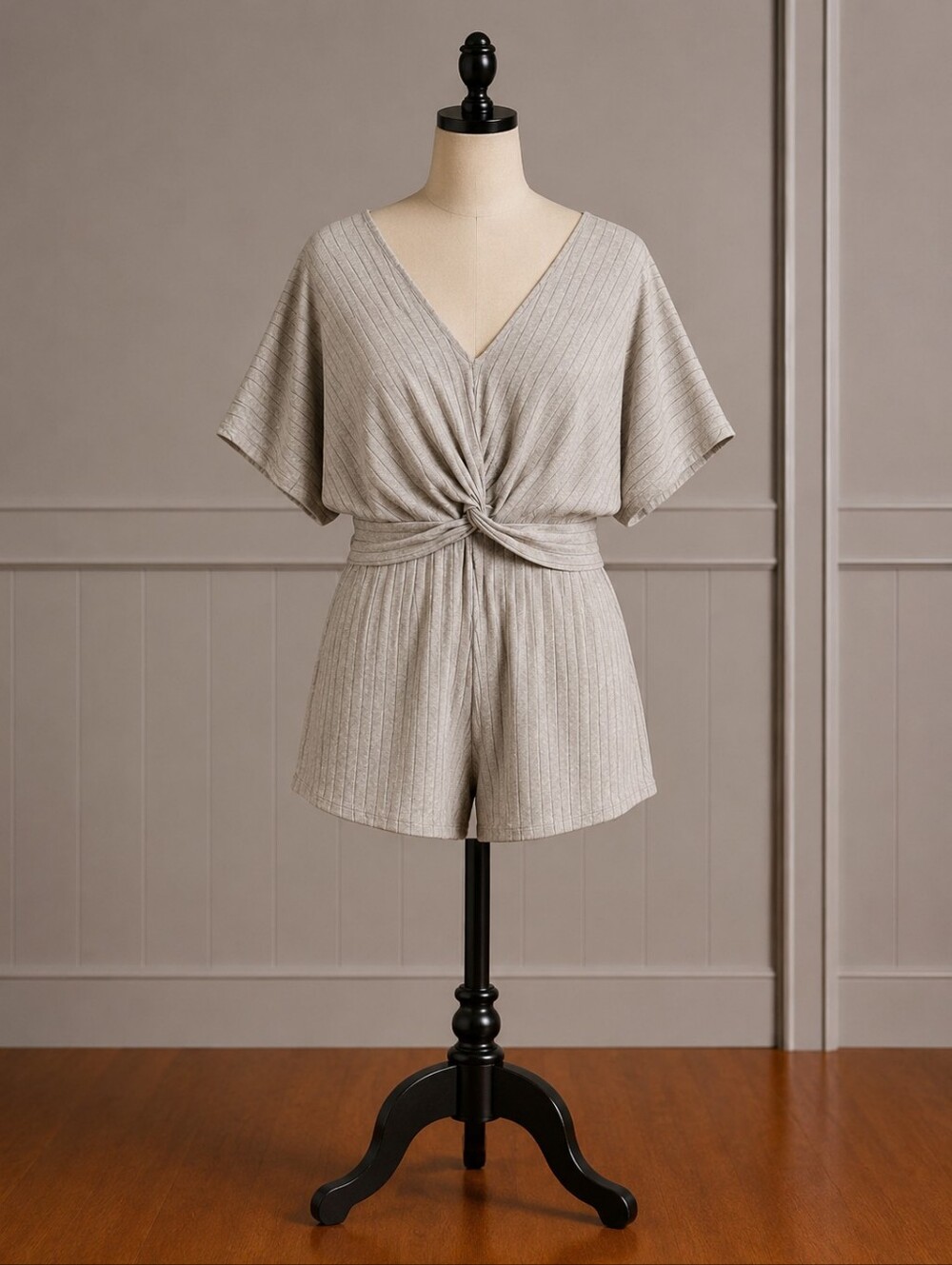 Knot-Front Ribbed Romper in Gray